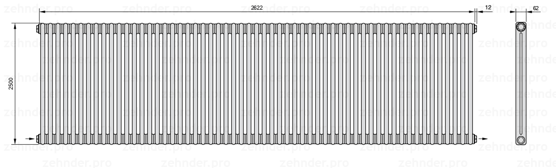 Схема (чертеж) Радиатор Zehnder Charleston 2250/57 №2670 Белый глянцевый RAL 9016